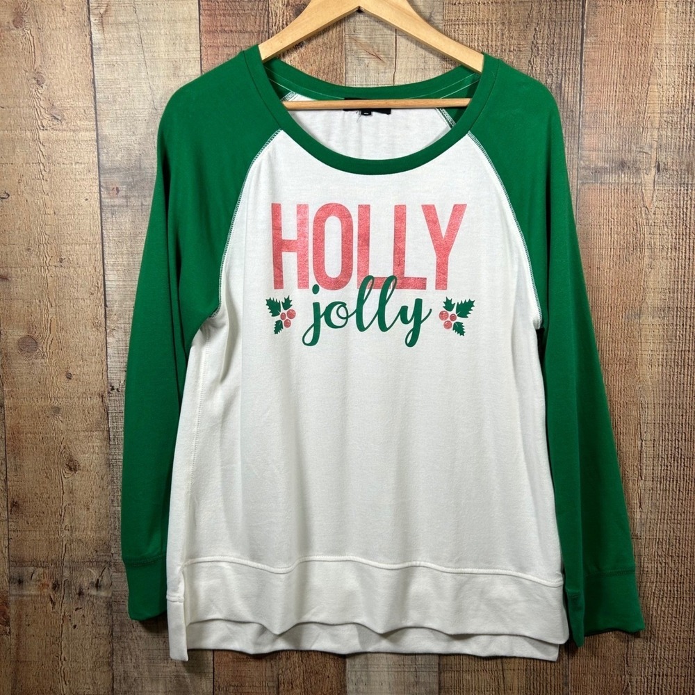Modern Canvas Large Holly Jolly Christmas Raglan Sweatshirt Ugly Sweater Green L